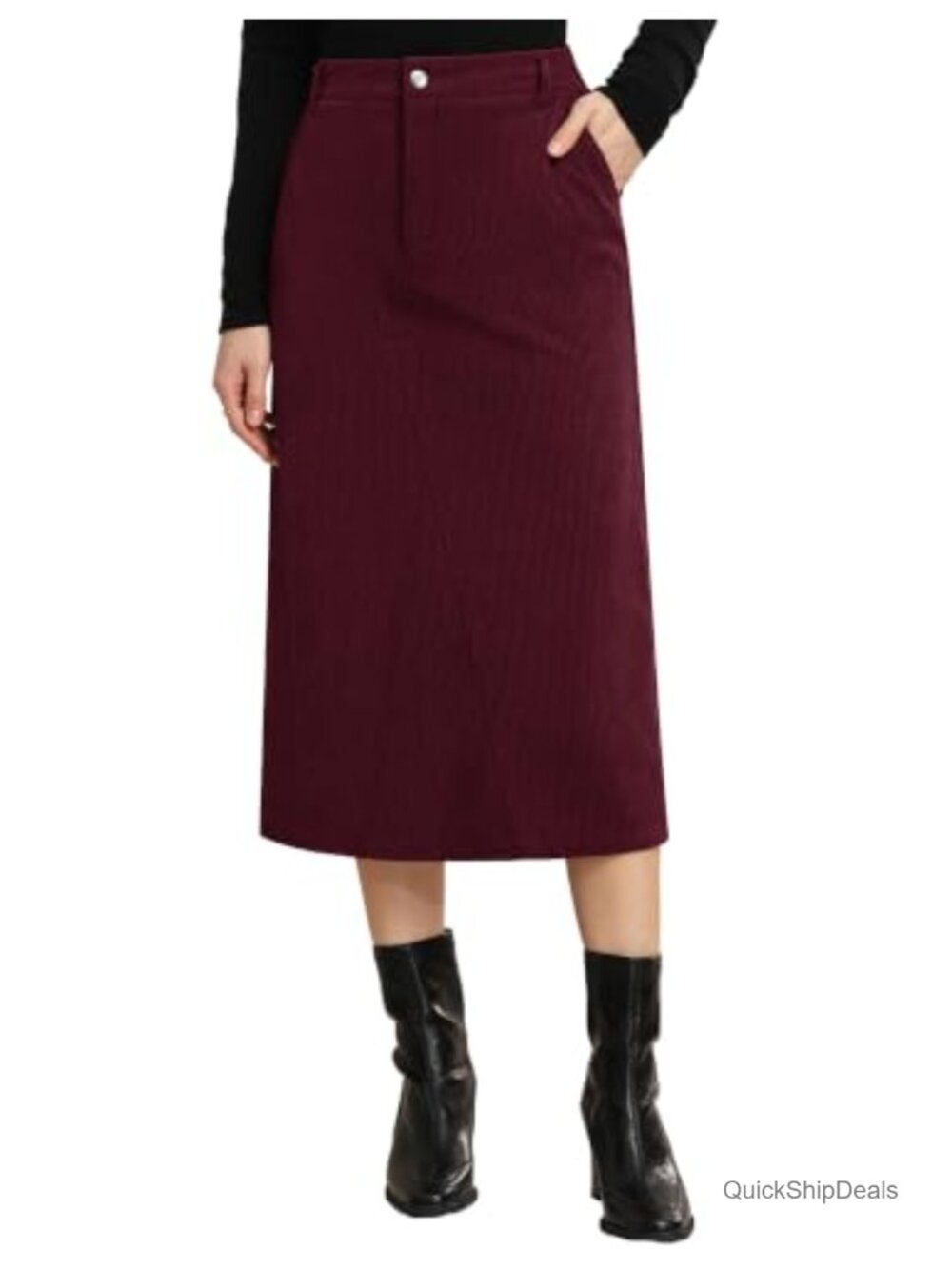 Corduroy Midi Pencil Skirt High Waist with Pockets Slit